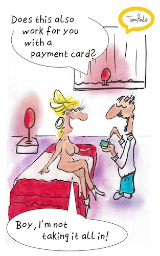 Cartoon: Payment card (medium) by TomPauLeser tagged payment,card,prostitution,prostitute,bed,roomredlight,district,refugees