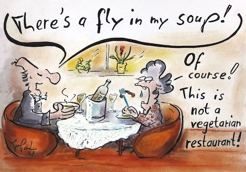 Cartoon: Soup (medium) by TomPauLeser tagged soup,dinner,restaurant,vegetarian,starter,meat,fly,posh,club