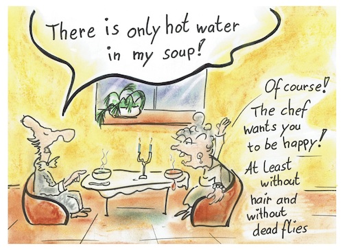 Cartoon: Thin soup (medium) by TomPauLeser tagged thin,soup,restaurant,of,course,water,flies,hair