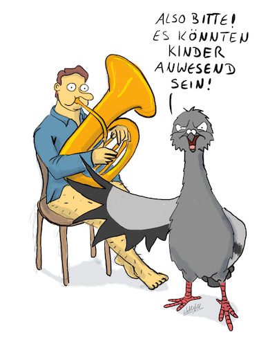 Cartoon: Der Tubabläser (medium) by SandraNabbefeld tagged cartoon,cartoonist,cartoonisten,cartoonistin,tuba,tubabläser,humor,schräg,schräges,ohnehose,hosenlos,vogel,taube,absurd,sandranabbefeld,nabbefeld