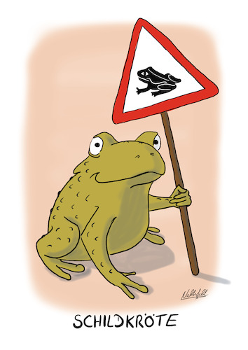 Cartoon: Die Schild-Kröte (medium) by SandraNabbefeld tagged cartoon,cartoonistin,cartoonist,witzbild,humor,absurd,tierisches,kröte,schildkröte,schild,hinweis,hinweisschild,verkehrsschild,achtung,krötenwanderung,sandranabbefeld,nabbefeld