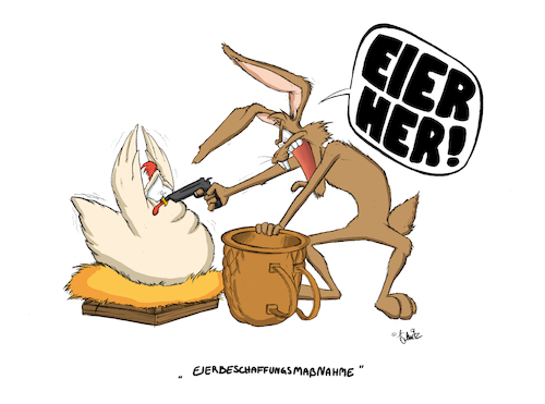 Cartoon: Eieiei... (medium) by Toonster tagged hase,huhn,ei,ostern,nest,stroh,heu,angst,waffe,knarre,pistole,federn,ohren,korb,drohen