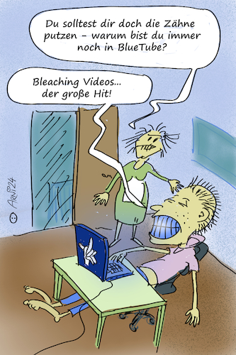 Cartoon: Abends BlueTube alles Blau-Weiss (medium) by Arni tagged blue,tooth,tube,youtube,zähne,weiß,bleichen,putzen,mutter,kind,junge,sohn,tochter,eltern,zahnbürste,pasta,laptop,notebook,bildschirm,handy,smartphone,iphone,tablet