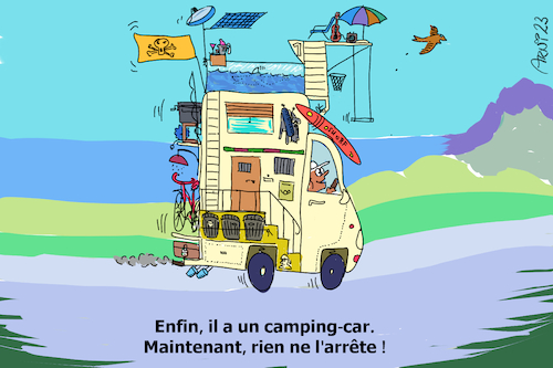 Cartoon: Enfin il a un camping-car (medium) by Arni tagged camper,camping,vacances,plage,montagne,car,foret,libre,route,sport