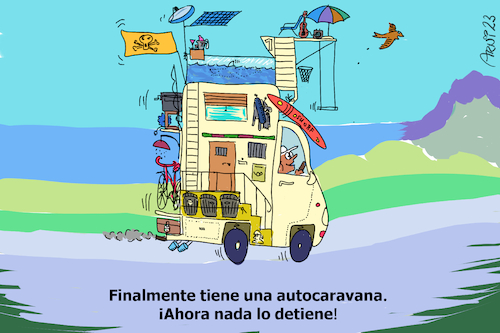 Cartoon: Finalm. tiene una autocaravana (medium) by Arni tagged camper,motorhome,mobile,home,holiday,gratis,ver,ocean,mountains,beach,camping,viajes,viaje