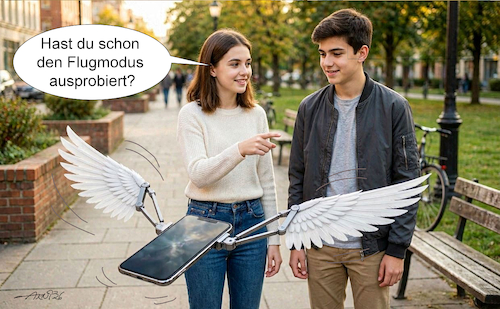 Cartoon: Flugmodus (medium) by Arni tagged handi,handy,smartphone,iphone,ipad,tablet,flug,fliegen,flügel,junge,mädchen,handi,handy,smartphone,iphone,ipad,tablet,flug,fliegen,flügel,junge,mädchen