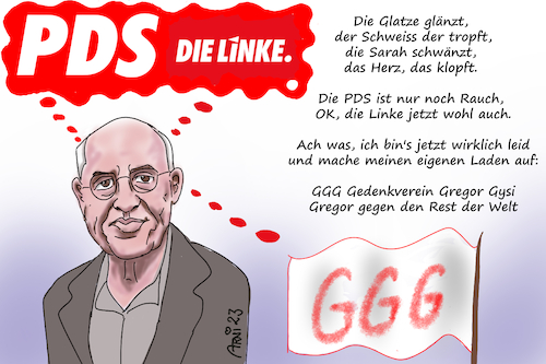 Cartoon: Gregor Gysis ungereimte Antwort (medium) by Arni tagged gregor,gysi,pds,die,linke,sahra,sarah,wagenknecht,bsw,ggg,fahne,antwort,gegen,den,rest,der,welt,auflösung,parlament,partei,parteispitze,sprecher,deutschland