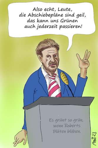 Cartoon: Habeck verteidigt Abschiebepläne (medium) by Arni tagged grüne,habeck,robert,bundesregierung,abschieben,abschiebepläne,begründung,begründen,fahne,rede