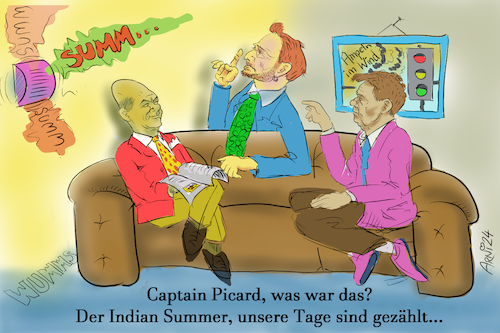 Cartoon: Herbst im Traumschiff Enterprise (medium) by Arni tagged indian,summer,koalition,ampel,olaf,scholz,captain,picard,enterprise,raumschiff,traumschiff,lindner,rot,gelb,grün,habeck