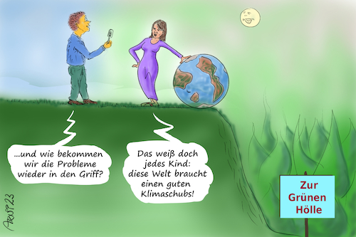 Cartoon: Klimaschubs (medium) by Arni tagged klima,klimaschutz,schubs,annalena,grüne,welt,abgrund,hölle,reporter,baerbock,habeck