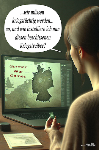 Cartoon: Kriegstreiber installieren (medium) by Arni tagged krieg,treiber,pc,usb,installation,software,tüchtig,deutschland,wehrhaft,krieg,treiber,pc,usb,installation,software,tüchtig,deutschland,wehrhaft
