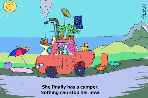 Cartoon: She finally has a camper (medium) by Arni tagged camper,motorhome,mobile,home,holiday,free,see,ocean,mountains,beach,camping,travelling,travel,van