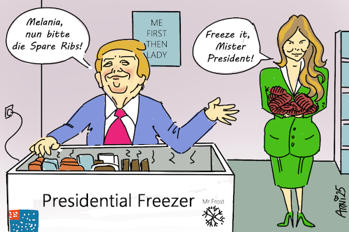 Cartoon: Trump friert ein (medium) by Arni tagged trump,entwicklungshilfe,hilfen,helfen,sponsor,geber,geberländer,melania,gefriertruhe,einfrieren,frieren,frost