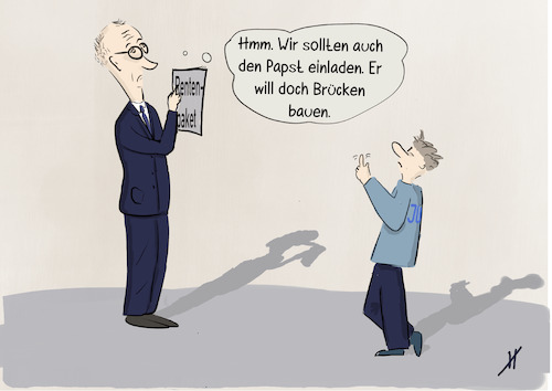 Cartoon: Brücken bauen 1 (medium) by Gabi Horvath tagged rentenpaket,rentenreform,junge,union,cdu,spd,koalition,brücken,bauen,papst,besuch,rentenpaket,rentenreform,junge,union,cdu,spd,koalition,brücken,bauen