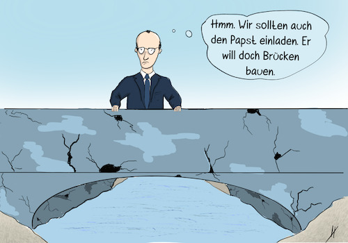 Cartoon: Brücken bauen 2 (medium) by Gabi Horvath tagged cdu,spd,finanzen,finanznot,sondervermögen,infrastuktur,papst,besuch,brücken,bauen,koalition,cdu,spd,sondervermögen,infrastuktur,papst,brücken,bauen,koalition