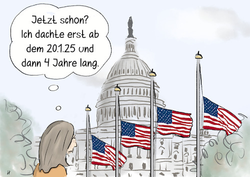 Cartoon: Halbmast in Washington D.C. (medium) by Gabi Horvath tagged amtseinführung,trump,verärgert,flaggen,halbmast,tod,carter,usa