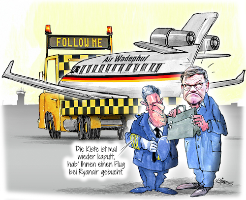 Cartoon: Kaputte Rergierungsflieger (medium) by Ritter-Cartoons tagged kaputte,rergierungsflieger,aussenminister,ritter,cartoons,pressekarikatur,berthold,karikaturen,pressezeichnungwadephul,kaputte,rergierungsflieger,aussenminister,ritter,cartoons,pressekarikatur,berthold,karikaturen,pressezeichnungwadephul