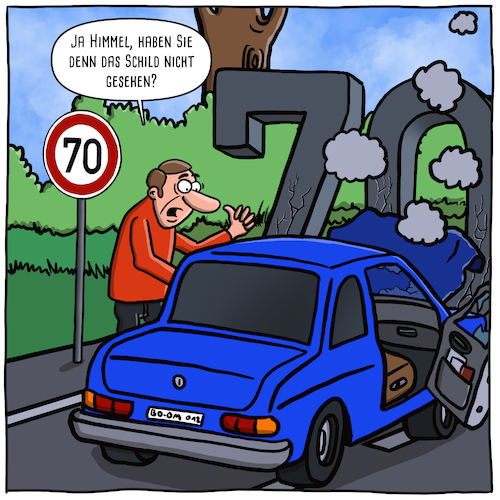 Cartoon: 70 Schild Unfall (medium) by Arghxsel tagged 70,kmh,geschwindigkeitsbegrenzung,unfall,schild,hindernis