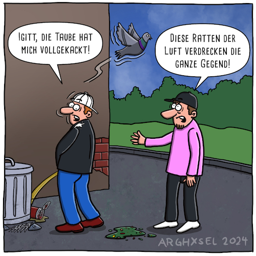 Cartoon: Die Ratten der Luft (medium) by Arghxsel tagged umweltschutz,umweltverschmutzung,tauben,menschen,vogelschiss,dreck,müll,schmutz,urinieren,öffentlich