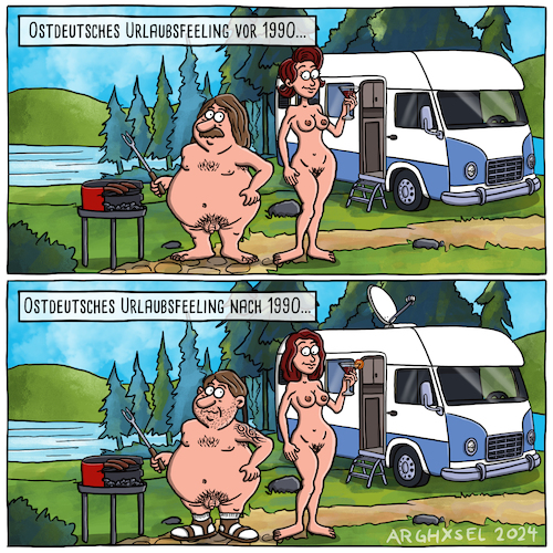 Cartoon: Ossimiliert (medium) by Arghxsel tagged ossi,wessi,camping,grillen,idylle,fkk,sandalen,ossi,wessi,camping,grillen,idylle,fkk,sandalen