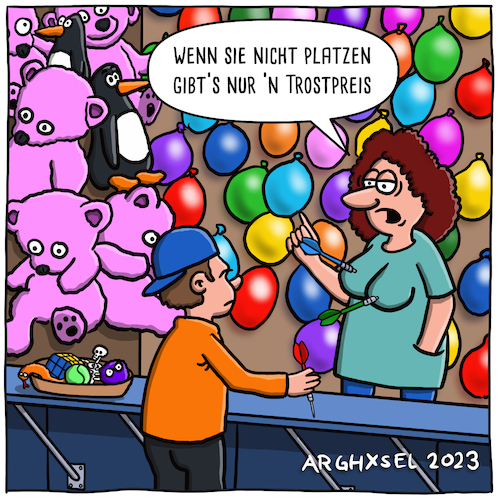 Cartoon: Pfeilewerfen (medium) by Arghxsel tagged dart,pfeile,kirmes,jahrmarkt,hamburger,dom,treffer,zielen,luftballons,trostpreis
