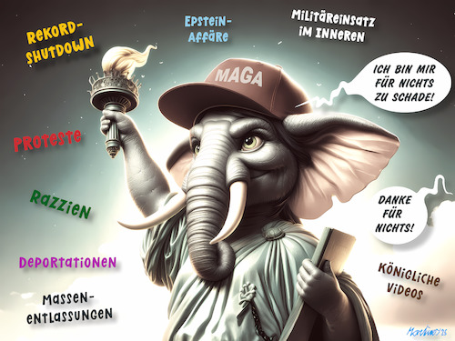 Cartoon: 1 Jahr Trump (medium) by MorituruS tagged us,präsident,trump,usa,jahr,bilanz,autokratie,demokratie,klima,der,angst,könig,video,razzien,deportationen,längster,shutdown,zölle,weltwirtschaft,lügen,epstein,affäre,massenentlassungen,cartoon,karikatur,moriturus