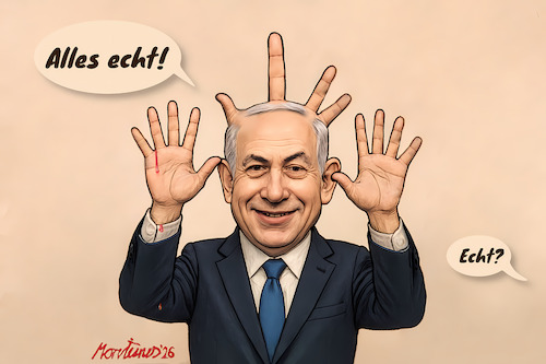 Cartoon: 6-7 Finger! Ist Bibi echt? (medium) by MorituruS tagged benjamin,netanjahu,israel,premier,gerüchte,tod,reales,problem,lebenszeichen,skeptiker,fake,ki,klon,deep,tatsachen,beide,hände,kamera,sechs,finger,artefakt,angriffskrieg,iran,hamas,hisbollah,libanon,syrien,cartoon,karikatur,moriturus