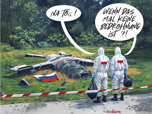 Cartoon: Bedrohnung (medium) by MorituruS tagged drohnenangriff,drohnen,polen,kreml,chef,machthaber,russland,russischer,präsident,wladimir,putin,kriegsherr,angriff,bewaffnete,donald,tusk,bedrohung,ukraine,wolodymyr,selenskyj,moskau,russische,strategische,kriegsziele,kiew,cartoon,karikatur,moriturus