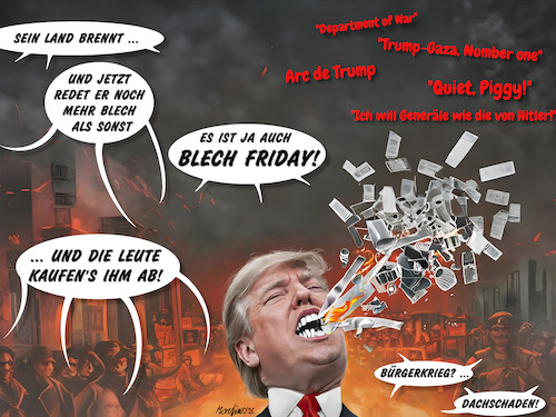 Cartoon: Blech Friday (medium) by MorituruS tagged usa,us,präsident,donald,trump,nationalgardisten,niedergeschossen,28,punkte,plan,ukraine,friedensplan,kapitulation,diktatfrieden,russland,wladimir,putin,russischer,bär,freiheitsstatur,lady,liberty,marco,rubio,steve,witkoff,europa,genf,wolodymyr,selenskyj,diktatur,autokratie,demokratie,verteidigung,schwere,zeiten,verhandlung,truth,social,faschismus,diktator,cartoon,karikatur,moriturus