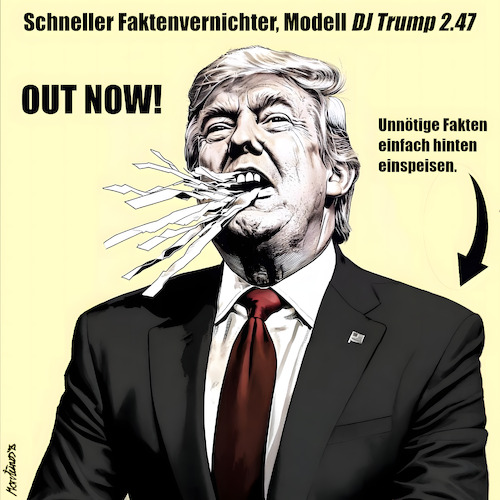 Cartoon: Der Faktenvernichter (medium) by MorituruS tagged us,präsident,donald,trump,faktencheck,lügen,fakten,alternative,wahrheit,lügenpresse,usa,frieden,abkommen,friedennobelpreis,washington,einigung,israel,hamas,waffenruhe,gazastreifen,deal,the,art,of,plattform,truth,social,konservative,influencer,gaza,weißes,haus,außenminister,marco,rubio,friedensplan,sieben,kriege,beendet,ukraine,russland,wladimir,putin,wolodymyr,selenskyj,cartoon,karikatur,moriturus