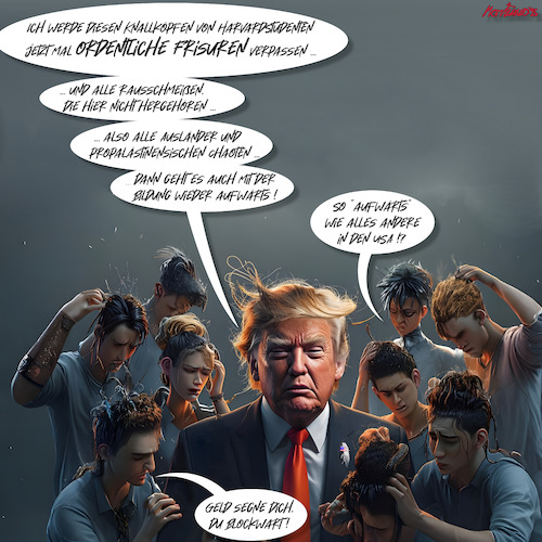 Cartoon: Der Haarwart kommt ... (medium) by MorituruS tagged usa,us,präsident,donald,trump,harvard,university,universität,campus,verbot,ausländische,studierende,tariffs,zölle,strafzölle,zollstreit,zollpaket,sanktionen,gegenzölle,zollpolitik,vergeltungsmaßnahmen,aktienmarkt,börse,dax,index,dow,jones,fallende,kurse,china,doge,durchregieren,durchhalteparolen,maga,make,america,great,again,protest,macht,lügen,beschädigung,justiz,freiheit,demokratie,autokratie,project,2025,cartoon,karikatur,moriturus