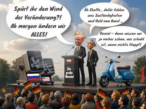 Cartoon: Der Wind der Desinformation! (medium) by MorituruS tagged afd,wahlsieg,sachsen,anhalt,ulrich,siegmund,alice,weidel,tino,chrupalla,mehrheit,44,prozent,unterstützung,bsw,desinformation,usa,russland,marco,rubio,donald,trump,demokratie,autokratie,migration,abschiebung,ankündigung,wahlprogramm,cartoon,karikatur,moriturus,der