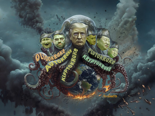 Cartoon: Die Autokleptokryptoplutokrake (medium) by MorituruS tagged usa,irankrieg,straße,von,hormus,ölgeschäfte,israel,libanon,vereinigte,emirate,krieg,machtpolitik,gewinn,korruption,filz,kryptowährungen,bitcoin,kleptokratie,autokratie,us,präsident,donald,trump,bibi,benjamin,netanjahu,iran,frieden,waffenruhe,streitkräfte,kampfeinsatz,angriff,iranisches,volk,langstreckenraketen,raketenindustrie,zerstört,atombombe,ayatollah,tod,board,of,peace,friedensrat,zukunft,völkerrecht,ölreserven,handelsrouten,schifffahrtswege,europa,politiker,republikaner,epstein,files,demokraten,deal,vereinte,nationen,amerika,friedensnobelpreis,hollywood,paramount,cartoon,karikatur,moriturus
