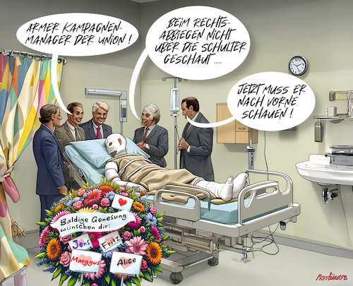 Cartoon: Die Union muss nach vorne schaun (medium) by MorituruS tagged union,cdu,csu,kampagne,rückzug,frauke,brosius,gersdorf,wahl,bundesverfassungsrichterin,kandidatin,richteramt,parlament,fraktion,jens,spahn,alexander,dobrindt,markus,söder,friedrich,merz,alice,weidel,afd,freiheit,demokratie,autokratie,beschädigung,justiz,lügen,populismus,koalitionsstreit,cartoon,karikatur,moriturus