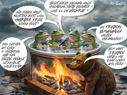 Cartoon: Expertenjacuzzitalkshowformat (medium) by MorituruS tagged drohnenangriff,drohnen,polen,kreml,chef,machthaber,russland,russischer,präsident,staatschef,wladimir,putin,kriegsherr,angriff,bewaffnet,donald,tusk,bedrohung,ukraine,wolodymyr,selenskyj,moskau,russische,strategische,kriegsziele,kiew,medien,talkshow,experten,einschaltquote,freiden,weltkrieg,journalismus,journaille,cartoon,karikatur,moriturus