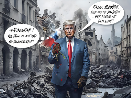 Cartoon: Fass - Blondie! (medium) by MorituruS tagged us,präsident,donald,trump,100,tage,im,amt,evening,rally,detroit,michigan,90,minuten,zollstreit,disruption,ukraine,krieg,wolodymyr,selenskyj,friedenstaube,frieden,in,24,stunden,vermittlung,wladimir,putin,russland,zugeständnisse,rohstoffe,besetzte,gebiete,kriegsverbrechen,migration,rechtsbeugung,verhaftung,autokratie,diktator,faschismus,deportation,gewalt,rechtpopulismus,cartoon,karikatur,moriturus