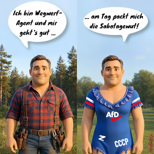 Cartoon: Ich bin Wegwerfagent ... (medium) by MorituruS tagged wladimir,putin,usa,us,präsident,donald,trump,28,punkte,plan,ukraine,friedensplan,kapitulation,diktatfrieden,russland,marcwladimir,sssr,hybrider,krieg,deutschland,johann,wadephul,alexander,dobrindt,staatsbürger,wegwerfagent,sabotage,spionage,leipzig,anschlag,drohnen,vorfall,flughafen,antonov,maschinen,sprengstoff,wolodymyr,selenskyj,diktatur,autokratie,demokratie,verunsicherung,einschüchterung,wahl,sachsen,anhalt,recht,ordnung,europa,militär,diktator,monty,python,holzfäller,cartoon,karikatur,moriturustruth,social,moriturus