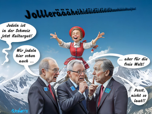 Cartoon: Jodeln für die freie Welt (medium) by MorituruS tagged jodeln,schweiz,immaterielles,kulturgut,donald,trump,wladimir,putin,usa,us,präsident,transatlantische,beziehungen,nationale,sicherheitsstrategie,nss,eu,europa,rechte,parteien,rechtspopulismus,ukraine,friedensplan,kapitulation,russland,wolodymyr,selenskyj,diktatur,autokratie,demokratie,verteidigung,drohnen,hybrider,krieg,militär,freie,meinungsäußerung,meinungsfreiheit,diktator,cartoon,karikatur,moriturus