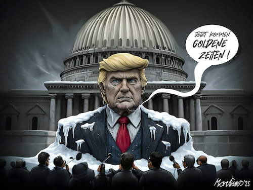 Cartoon: Kälteste Inauguration seit 40 J. (medium) by MorituruS tagged usa,us,präsident,amtseid,goldenes,zeitalter,frostiges,klima,washington,minusgrade,eisige,temperaturen,kälte,eisig,eis,ice,feierlichkeiten,drinnen,amtseinführung,getezer,besucherzahlen,ankündigungen,zoll,tiktok,inauguration,2025,maga,gop,president,cartoon,karikatur,moriturus