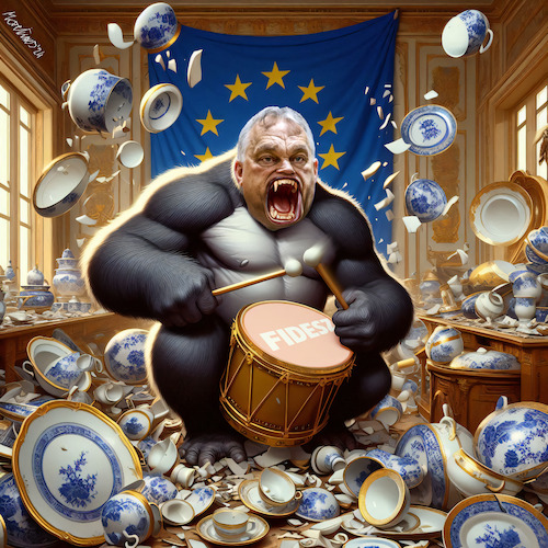 Cartoon: Orban G... EU... rilla (medium) by MorituruS tagged viktor,orban,premierminister,ungarn,freiheit,ratspräsidentschaft,make,europe,great,again,unterstützung,ukraine,brüssel,rechtsstaatlichkeit,eu,skeptiker,veto,partei,fidesz,autokratie,demokratie,wähler,rechtsruck,urban,guerilla,gorilla,porzellanladen,trojanisches,pferd,putin,russland,cartoon,karikatur,moriturus