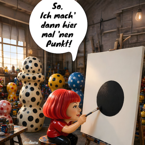 Cartoon: Punkt. (medium) by MorituruS tagged yayoi,kusama,japanische,künstlerin,alter,97,jahre,frau,punkte,spiegel,leuchtende,farben,unverwechselbar,kunst,hommage,psychische,krisen,weltstar,würdigung,karikatur,cartoon,moriturus