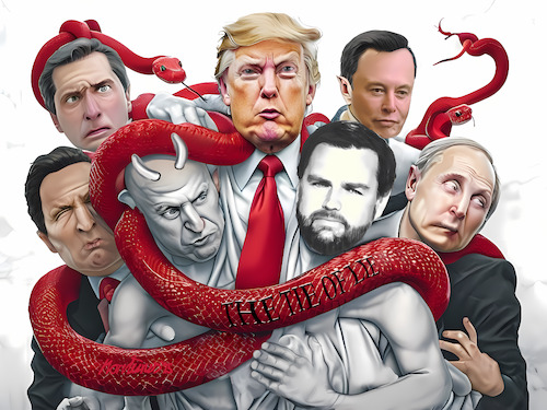 Cartoon: The snake of fake (medium) by MorituruS tagged usa,regierung,government,republikaner,maga,amerika,us,präsident,donald,trump,elon,musk,wladimir,putin,jd,vance,vize,newt,gingrich,roger,stone,wahlkampf,autoritärer,staat,elefant,gop,rechtspopulismus,rote,krawatte,tie,lie,snake,fake,schlange,lüge,kampagne,stolen,election,stop,the,steal,fox,news,truth,social,laokoon,rechtsruck,autokratie,diktatur,demokratie,in,gefahr,strafzölle,kettensäge,bürokratieabbau,wahrheit,nato,eu,msc,cartoon,karikatur,moriturus