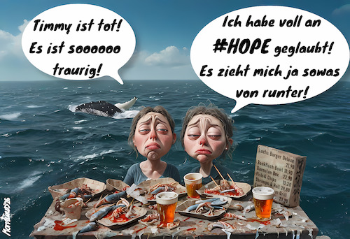 Cartoon: Timmy ist tot! (medium) by MorituruS tagged timmy,buckelwal,hashtag,hope,gestrandet,fischerei,fischernetz,dänemark,ostsee,ostseeinsel,poel,wal,sandbank,untiefe,bucht,insel,rettungsaktion,drohnenbilder,medienhype,medienrummel,hysterie,sentimentalität,luftkissen,peilsender,fangmethoden,fischfang,fischernetze,plastikmüll,cartoon,karikatur,moriturus