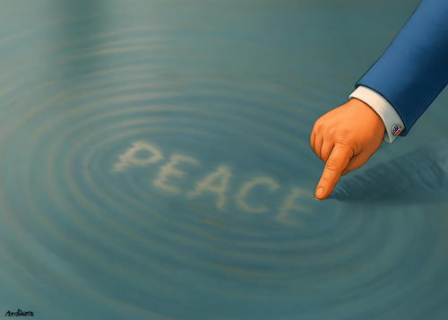Cartoon: Written in water (medium) by MorituruS tagged us,präsident,donald,trump,frieden,abkommen,friedennobelpreis,washington,einigung,rede,knesset,israel,hamas,waffenruhe,naher,osten,gazastreifen,geiseln,frei,deal,the,art,of,plattform,truth,social,konservative,influencer,nahost,gipfel,ägypten,gaza,weißes,haus,außenminister,marco,rubio,friedensplan,sieben,kriege,beendet,ukraine,russland,wladimir,putin,wolodymyr,selenskyj,cartoon,karikatur,moriturus
