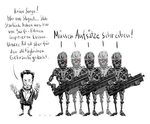 Cartoon: Aufsätze (medium) by F L O tagged elon,musk,ki,roboter,aufsätze,elon,musk,ki,roboter,aufsätze