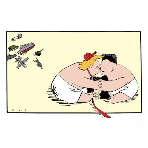 Cartoon: Beste Freunde (medium) by F L O tagged trump,kim,jong,un,nordkorea,südkorea,militär,übung,bedrohung,diktator,präsident,männer,freundschaft,krieg,panzer,kampfjet,uboot,rakete,trump,kim,jong,un,nordkorea,südkorea,militär,übung,bedrohung,diktator,präsident,männer,freundschaft,krieg,panzer,kampfjet,uboot,rakete