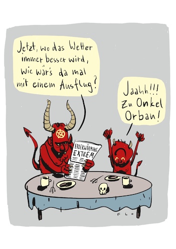 Cartoon: Hölle Hölle Hölle (medium) by F L O tagged hölle,teufel,viktor,orban,klimakrise,teufel,viktor,orban,klimakrise