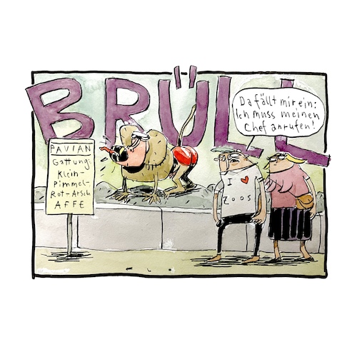 Cartoon: Pavian (medium) by F L O tagged affe,pavian,zoo,rot,gebrüll,pärchen,tierpark,anruf,tiere,mann,frau,gehege,klein,affe,pavian,zoo,rot,gebrüll,pärchen,tierpark,anruf,tiere,mann,frau,gehege,klein