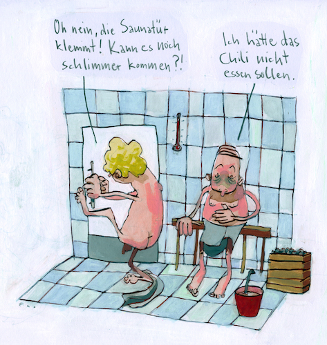 Cartoon: Sauna (medium) by F L O tagged sauna,tür,chili,sauna,tür,chili,verdauung,panik,katastrophe