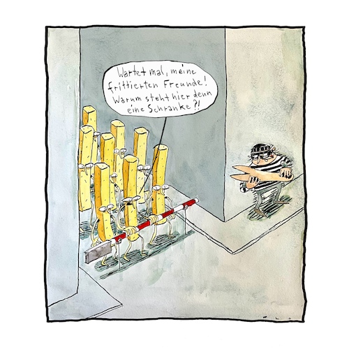 Cartoon: Schranke (medium) by F L O tagged schranke,rot,weiß,weiss,pommes,frites,räuber,pommesgabel,straße,hinterhalt,falle,schranke,rot,weiß,weiss,pommes,frites,räuber,pommesgabel,straße,hinterhalt,falle